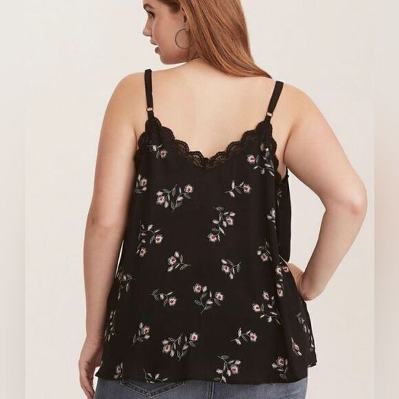 Torrid Black Floral Print Georgette Flowy Lace Trim Cami Tank Top - Picture 3 of 16
